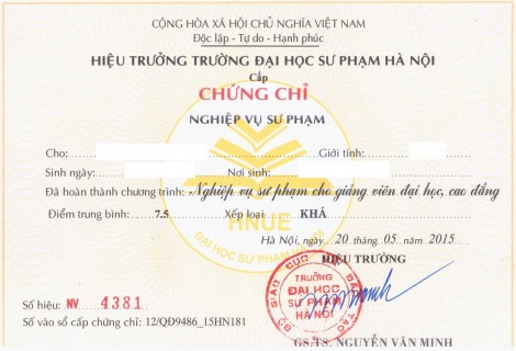 Chứng chỉ Nghiệp vụ sư phạm